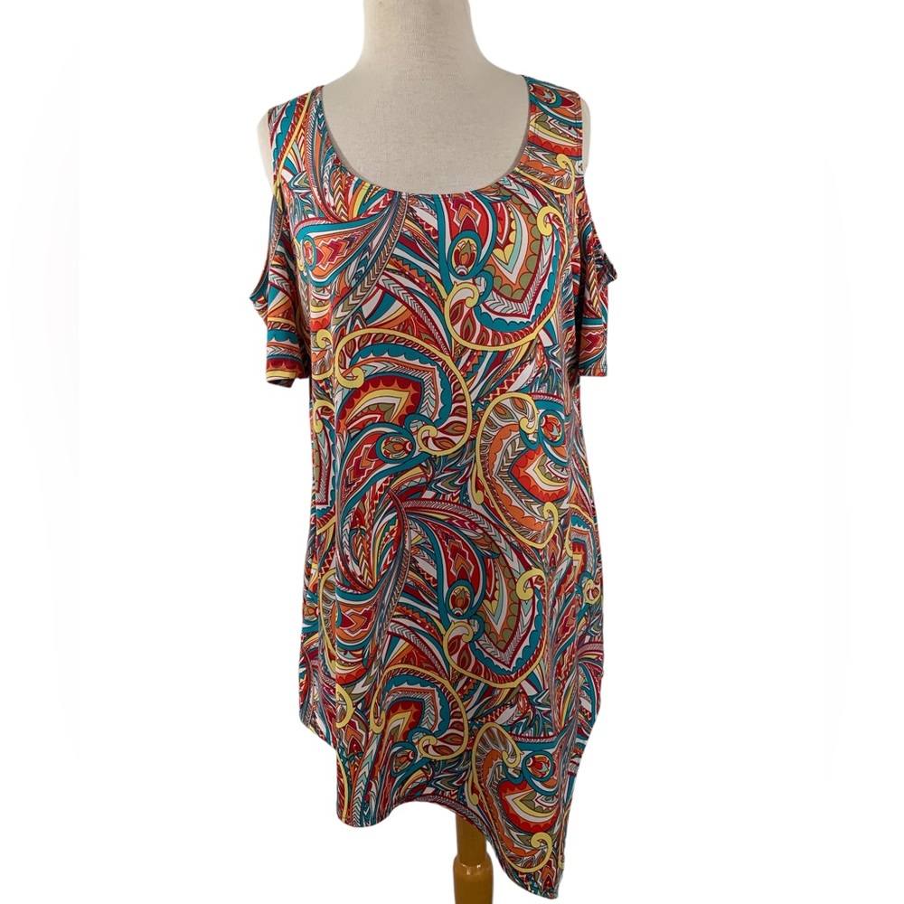 Slinky Brand Cold Shoulder Paisley Top Size L Polyester EUC Tunic Top